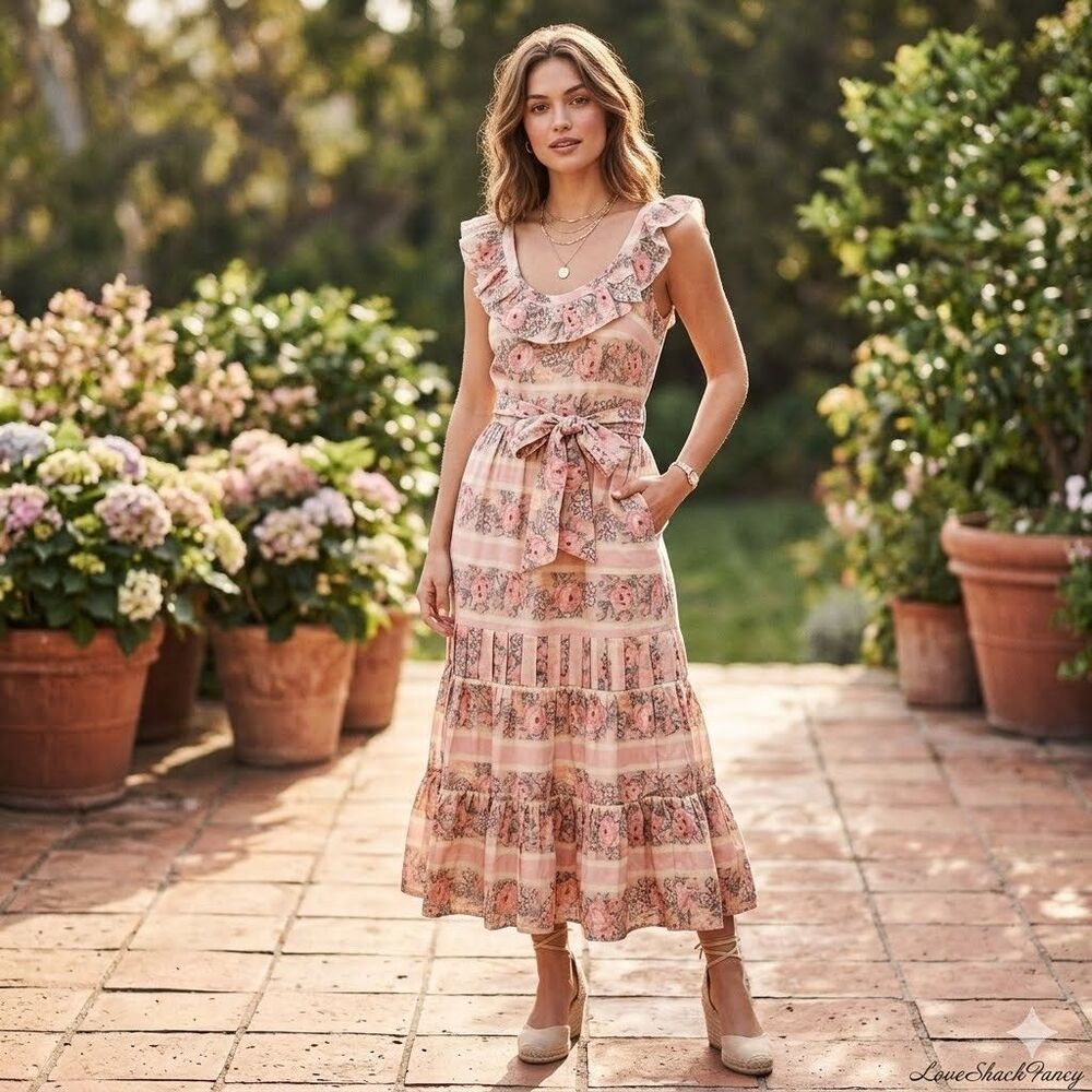 LoveShackFancy Joanne Silk Maxi Dress Floral Printed Ruffle Tiered XS-0 290457